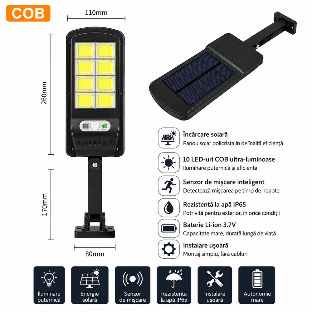 Set 5 Lampi Solare LED COB 100W JORTAN, 160 LED-uri, Senzor Miscare, Telecomanda – Iluminat Exterior Curte si Gradina