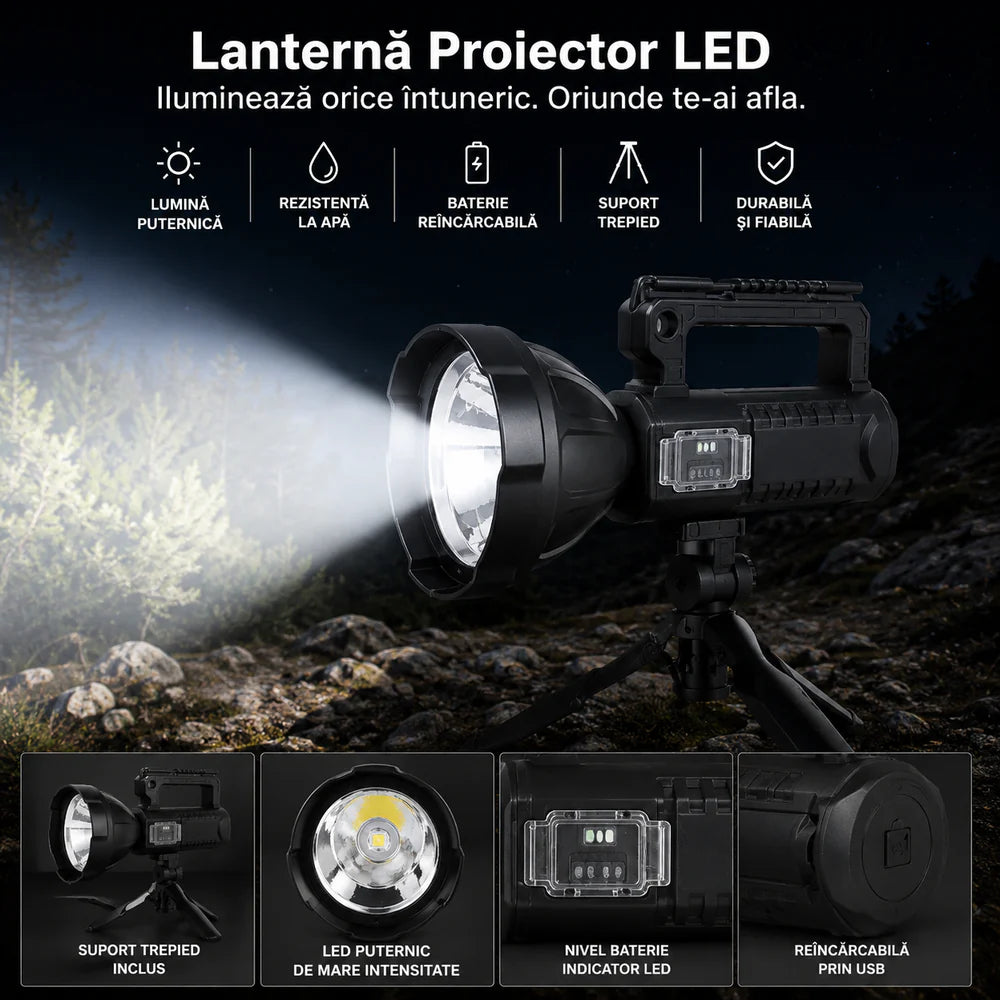Lanterna LED Profesionala 4000 Lumeni cu Powerbank, Trepied Inclus, 4 Moduri Iluminare, USB, Raza Lunga + CADOU Lanterna Frontala cu Senzor Miscare