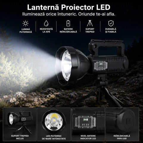 Lanterna LED Profesionala 4000 Lumeni cu Powerbank, Trepied Inclus, 4 Moduri Iluminare, USB, Raza Lunga + CADOU Lanterna Frontala cu Senzor Miscare
