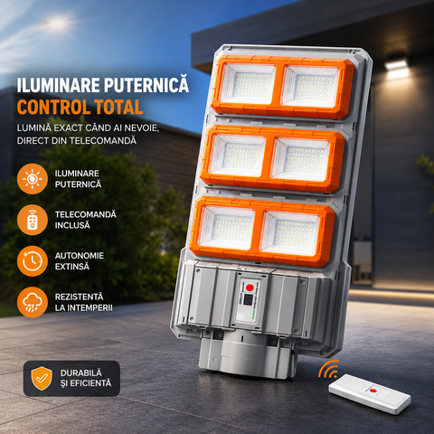 Pachet 2 Lampi Solare Stradale Premium LED 3000W IP66, Super Puternice, cu Telecomanda si Senzor de Miscare Powersale