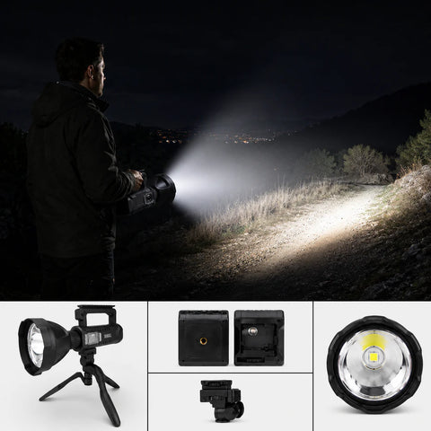 Lanterna LED Profesionala 4000 Lumeni cu Powerbank, Trepied Inclus, 4 Moduri Iluminare, USB, Raza Lunga + CADOU Lanterna Frontala cu Senzor Miscare
