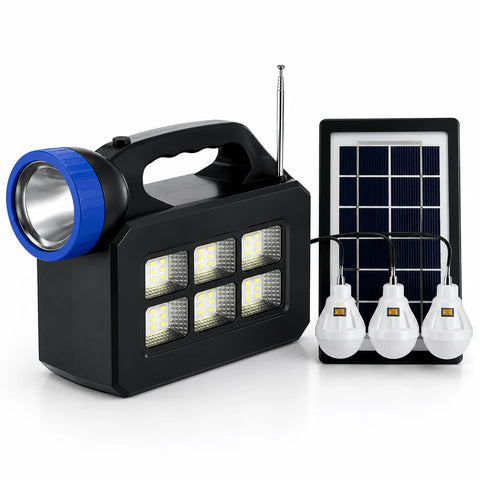 Kit Solar Portabil JORTAN T08 cu 3 Becuri LED, Panou Solar, Radio FM, Bluetooth si Powerbank 25000mAh – Sistem Iluminare Camping si Urgente