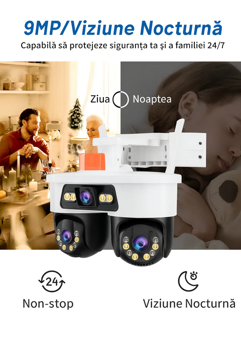 Camera WiFi Exterior 9MP 6K cu 3 Lentile si Cap PTZ 355°, Viziune Nocturna Color si Audio Bidirectional, IP66 + Card 32GB
