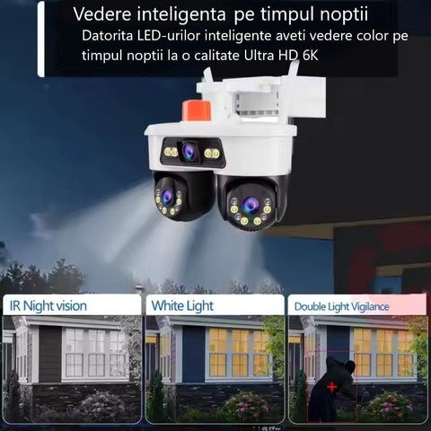 Set 2 Camere WiFi Exterior 9MP 6K cu 3 Lentile si Cap PTZ 355°, Viziune Nocturna Color si Audio Bidirectional, IP66
