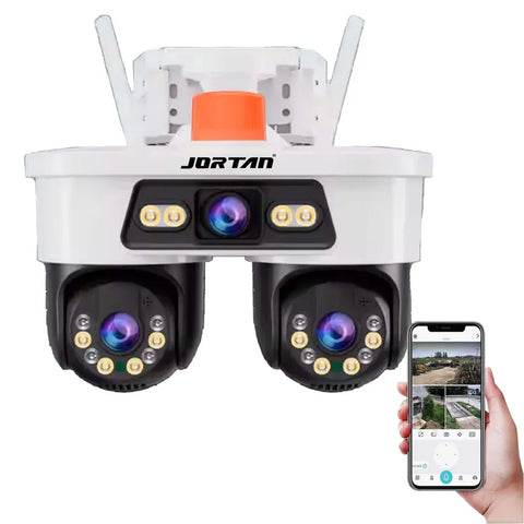 Camera WiFi Exterior 9MP 6K cu 3 Lentile si Cap PTZ 355°, Viziune Nocturna Color si Audio Bidirectional, IP66 + Card 32GB