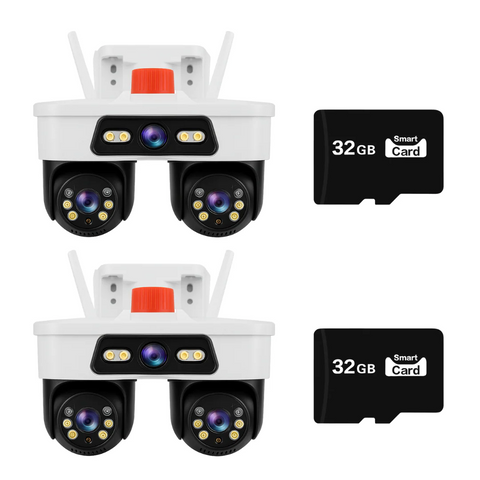 Set 2 Camere WiFi Exterior 9MP 6K cu 3 Lentile si Cap PTZ 355°, Viziune Nocturna Color si Audio Bidirectional, IP66 + 2 x Card 32GB
